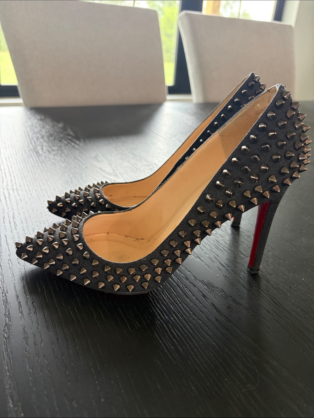 Christian Louboutin Navy / Blue Jean Studded Pointed-Toe Stilettos with Red Sole